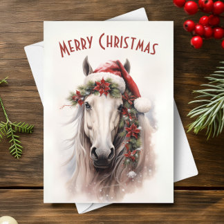 Witte Paard Kerstman Hoed Rood Poinsettias Kerstmi Kaart