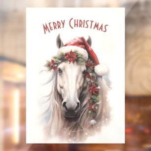 Witte Paard Kerstman Hoed Rood Poinsettias Kerstmi Raamsticker