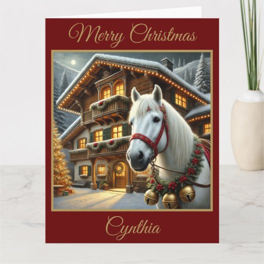 Witte Paard met Alpine House Christmas Kaart (Voorkant)
