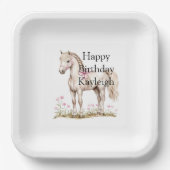 Witte Paard Roze Boog Bloemen Verjaardag Papieren Bordje (Voorkant)