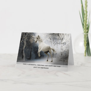 Witte Paard Sneeuw Kerstmis Foto Persoonlijk Feestdagen Kaart