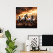 Witte paarden bij zonsondergang poster (Thuiskantoor)