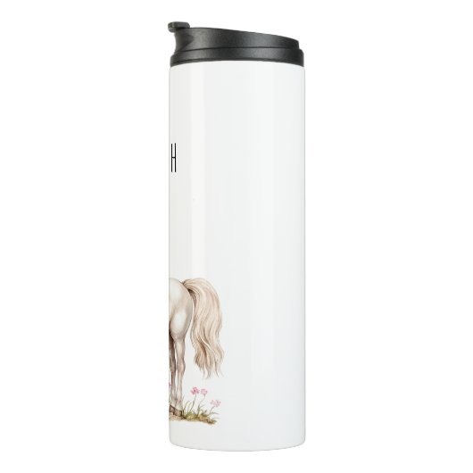 Witte paarden en bloemen thermosbeker (Geroteerd rechts)