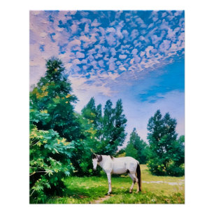 Witte paarden grazen in serene groene weide perfect poster