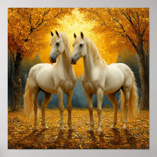 Witte paarden Herfst Bos Landschap Romantisch Poster
