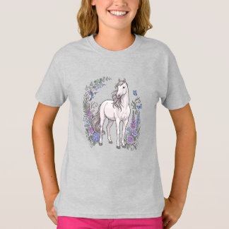 Witte Paarden Hydrangea Kolibrie Bloemen T-shirt