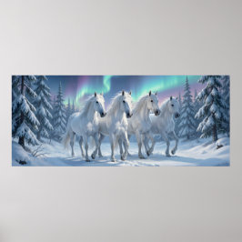 Witte paarden onder het noorderlicht in een winter poster