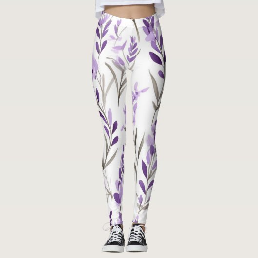 Witte paarse Bloempatroon Leggings (Voorkant)