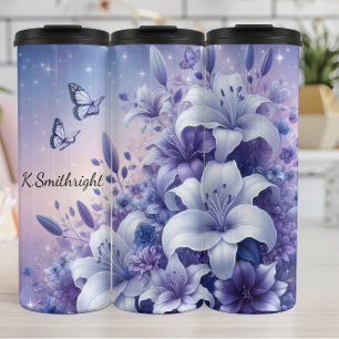 Witte Paarse Lily Butterfly Sparkle Thermosbeker