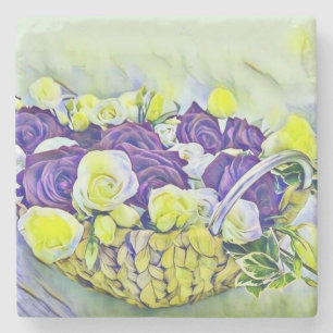 Witte Paarse mandje Rozen Waterverf schilderen Stenen Onderzetter