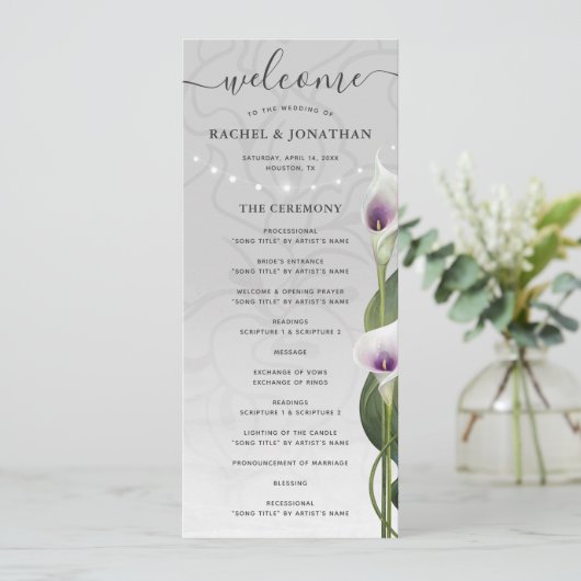 Witte Paarse Waterverf Calla Lily Weddenschap Programma (Staand voorkant)