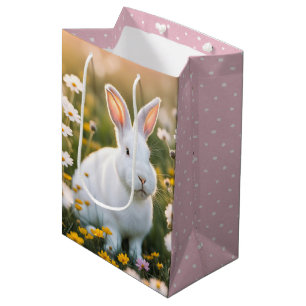 Witte paashaas in madeliefjes medium cadeauzakje