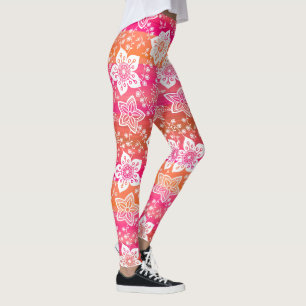 Witte Paisley-bloemen op warmroze Oranje strepen Leggings