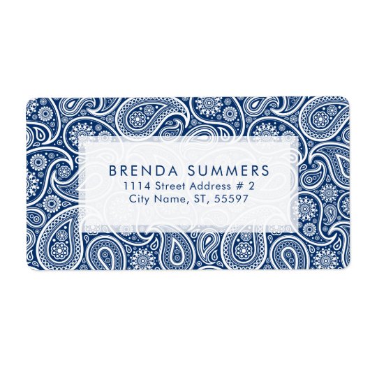 Witte Paisley Custom Navy Blue achtergrond Etiket (Voorkant)