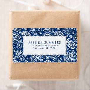 Witte  Paisley Custom Navy Blue Achtergrond Etiket