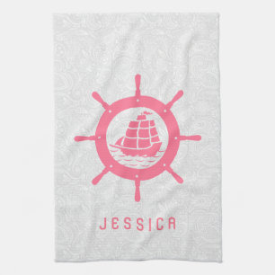 Witte paisley Damasjes en roze naadloze wiel Theedoek