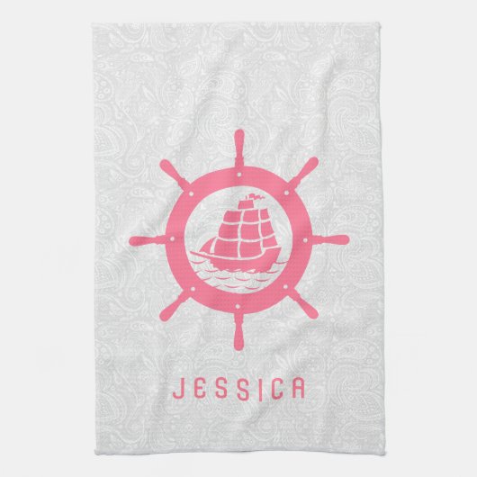 Witte paisley Damasjes en roze naadloze wiel Theedoek (Verticaal)