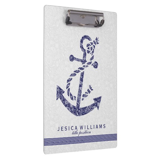 Witte Paisley & Navy Blue Nautische Boot Anker Klembord (Rechts)