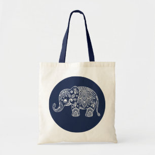 Witte Paisley olifant illustratie op blauwe cirkel Tote Bag