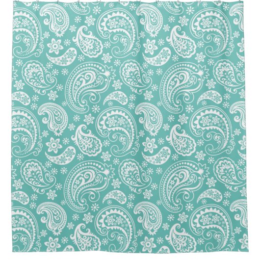 Witte  Paisley op Turquoise achtergrond Douchegordijn (Voorkant)