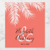 Witte palmen op levende koraal achtergrond bruilof wijn etiket (Enkel label)