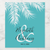 Witte palmen op turquoise achtergrond bruiloft wijn etiket (Enkel label)