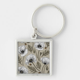 Witte papaver en ladybugs sleutelhanger