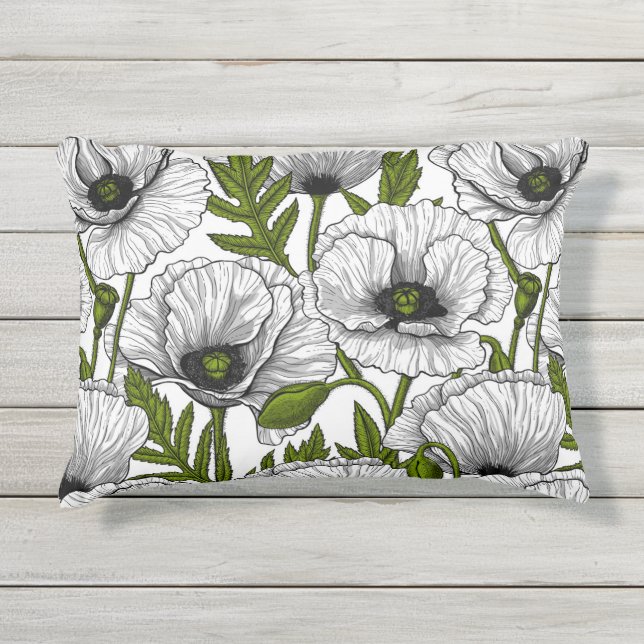Witte papaver op wit buitenkussen (Voorkant)