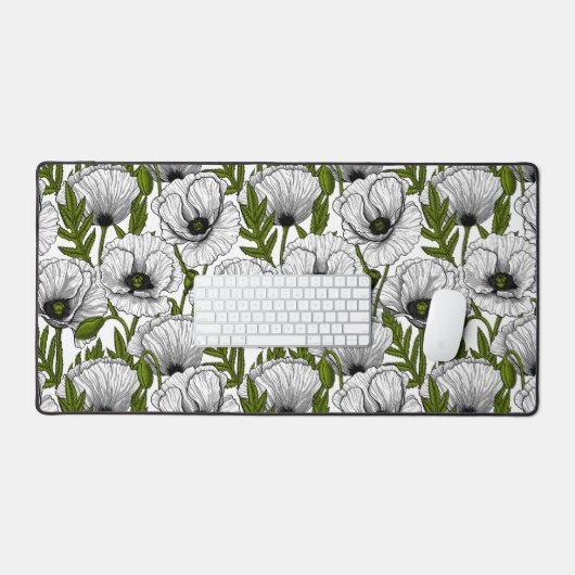 Witte papaver op wit bureaumat (Keyboard & Muis)