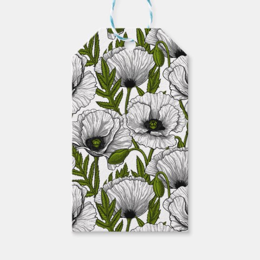 Witte papaver op wit cadeaulabel (Voorkant)