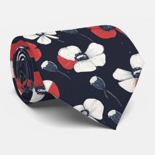 Witte papaver patroon met rode en blauwe accenten stropdas