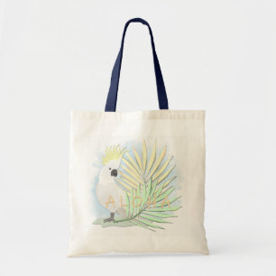 Witte papegaaien in palmbladeren. tote bag