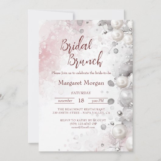 Witte Parels Moderne Roze Bruids Brunch Kaart (Voorkant)