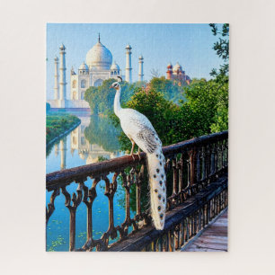 Witte Pauw die uitkijkt over de Taj Mahal Legpuzzel
