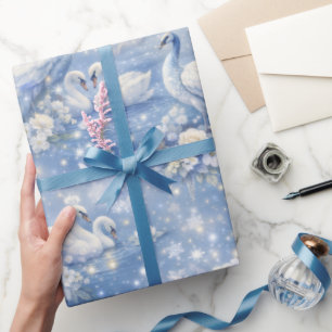 Witte pauwen en zwanen Fantasy Luxe Blauw Cadeaupapier