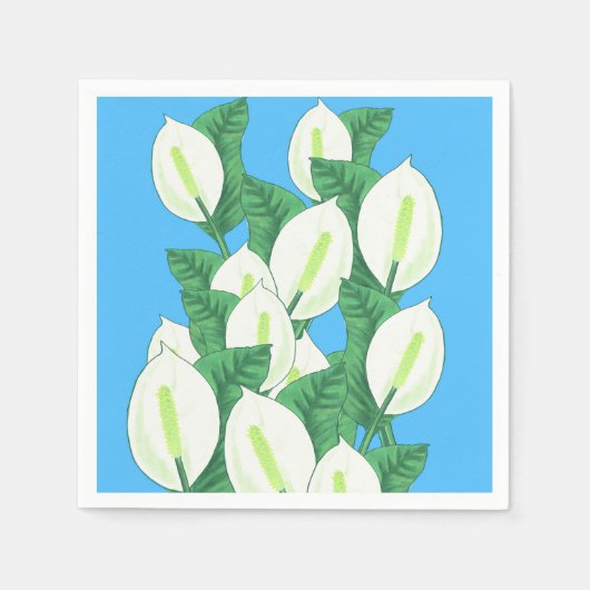 Witte Peace Lily Illustratie Bord Blauw Servet (Voorkant)