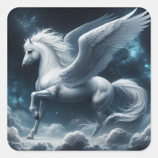Witte Pegasus tegen de donkerblauwe hemel Vierkante Sticker (Voorkant)