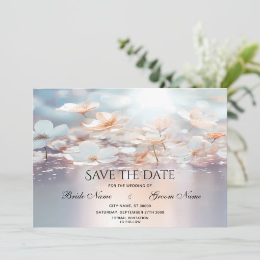 Witte perzik bloemen opslaan de datum save the date (Staand voorkant)