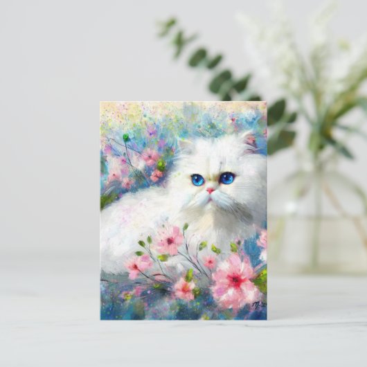 Witte Perzische kat Blauwe ogen in roze bloemen Briefkaart (Staand voorkant)