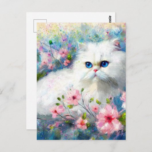 Witte Perzische kat Blauwe ogen in roze bloemen Briefkaart (Voorkant / Achterkant)