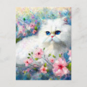 Witte Perzische kat Blauwe ogen in roze bloemen Briefkaart (Voorkant)
