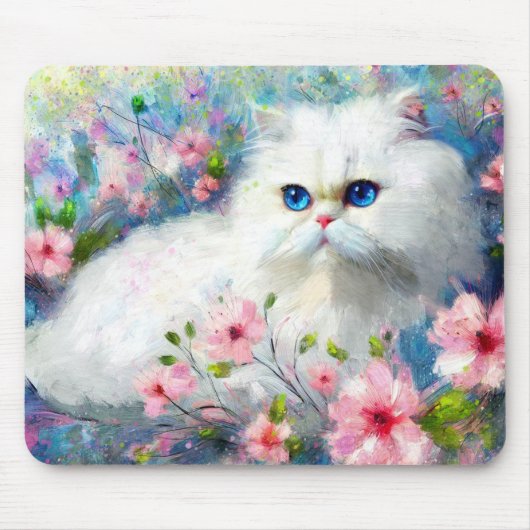 Witte Perzische kat Blauwe ogen in roze bloemen Muismat (Voorkant)