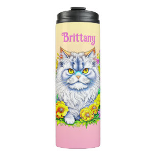 Witte Perzische Kat in Bloemen Gepersonaliseerd Thermosbeker