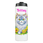 Witte Perzische Kat in Bloemen Gepersonaliseerd Thermosbeker (Voorkant)