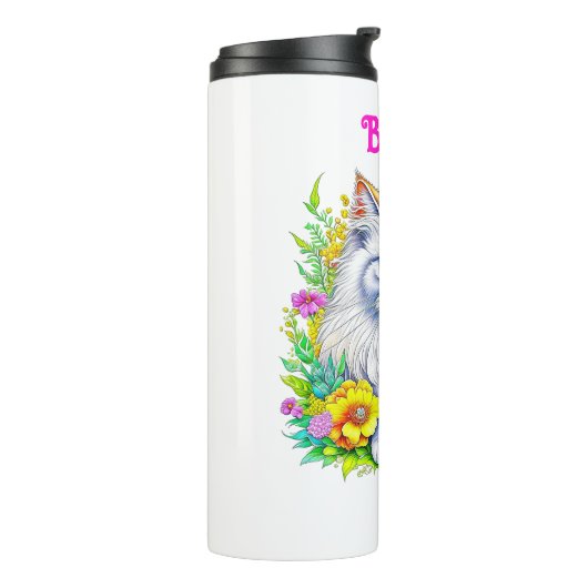 Witte Perzische Kat in Bloemen Gepersonaliseerd Thermosbeker (Gedraaid links)