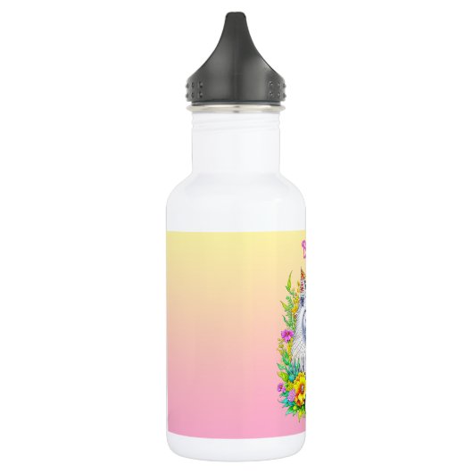 Witte Perzische Kat in Bloemen Gepersonaliseerd Waterfles (Links)