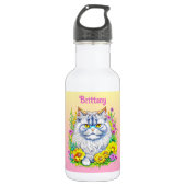 Witte Perzische Kat in Bloemen Gepersonaliseerd Waterfles (Voorkant)