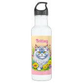 Witte Perzische Kat in Bloemen Gepersonaliseerd Waterfles (Voorkant)