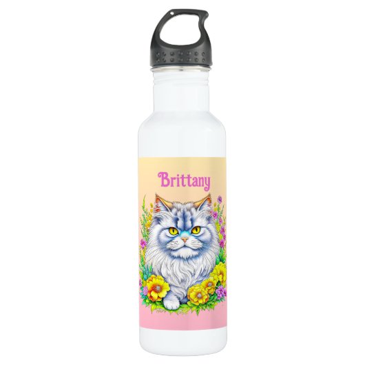 Witte Perzische Kat in Bloemen Gepersonaliseerd Waterfles (Voorkant)