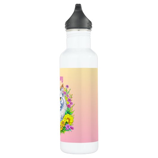 Witte Perzische Kat in Bloemen Gepersonaliseerd Waterfles (Rechts)